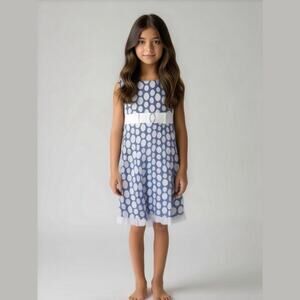 Sweet Heart Rose Girls Dress‎ Size 6X Blue White Polka Dot Woven Pique